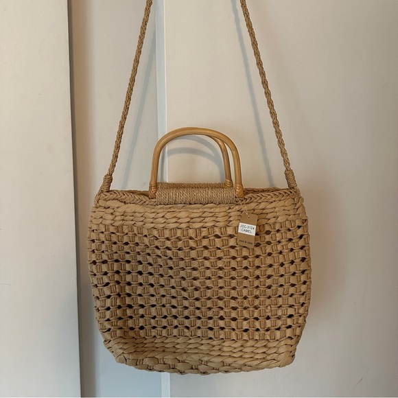 New Jewel & Clara Camel bamboo handle long straps woven straw bag lined - Picture 1 of 10